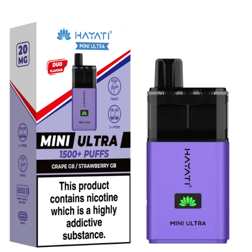 Hayati Mini Ultra 1500 Disposable Vape Device - 20MG Pack of 5 - Eliquid Base - Grape GB / Strawberry GB